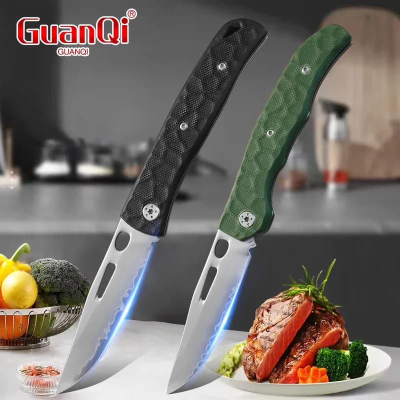 Stainless Steel Fruit Knife, Meat Knife with Foldable Blade, G10 Handle, Multipurpose Knife for Kitchen, Fruit, Vegetable, Barbecue, Pocket Knife