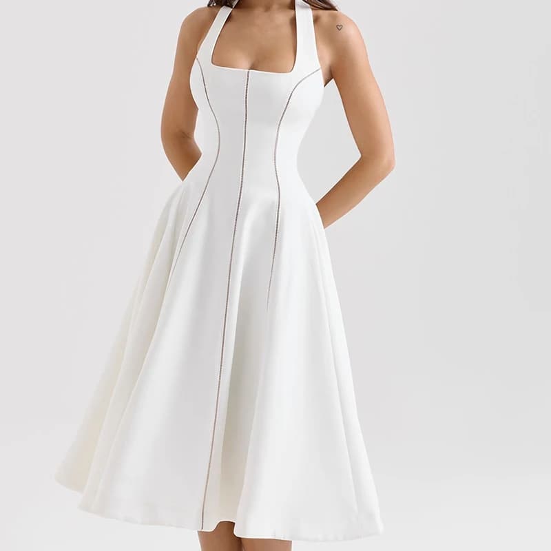 Abito lungo longuette con scollo all'americana bianco senza schienale sexy Abito da donna elegante vintage slim a trapezio Abito estivo