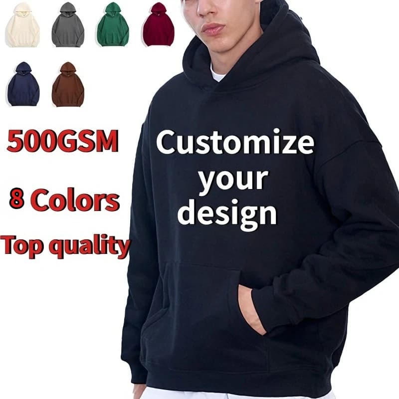 Customized Your Brand Logo Winter Mens Hoodie High-quality Solid Color 500GSM Heavy Weight Cotton Thick Sweatshirt DIY Printed