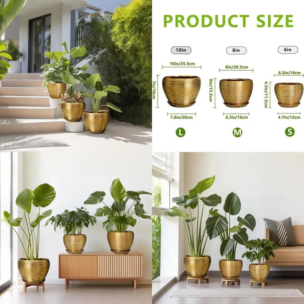 Set of 3 Decorative Plant Vases: 10, 8, 6 Inches with Draining Holes and Indoor and Exterior Plants