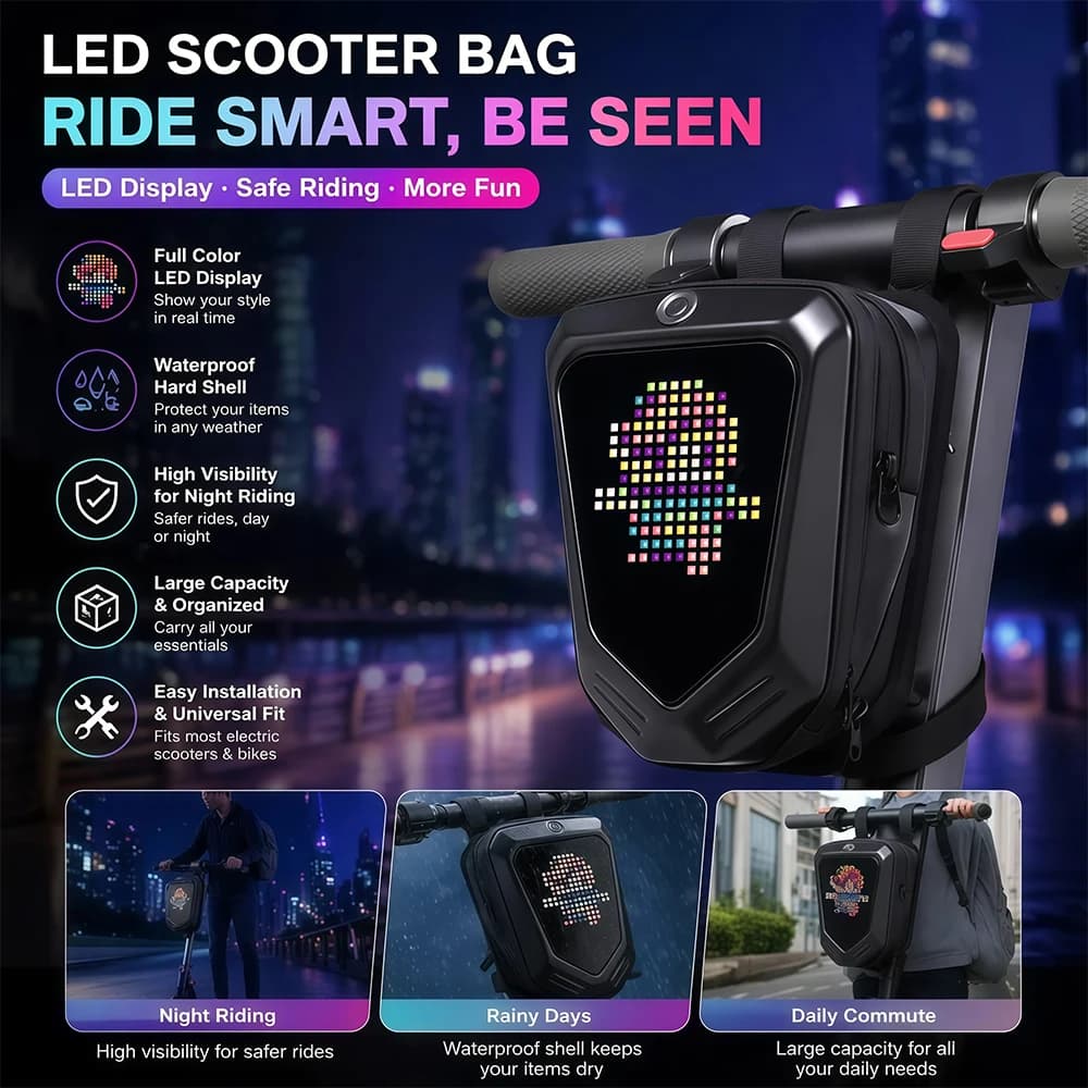 Bike Front Handlebar Bag,LED Pixel Display Bicycle Storage Pouch with Bluetooth APP Custom Control ,Not Included Power Bank