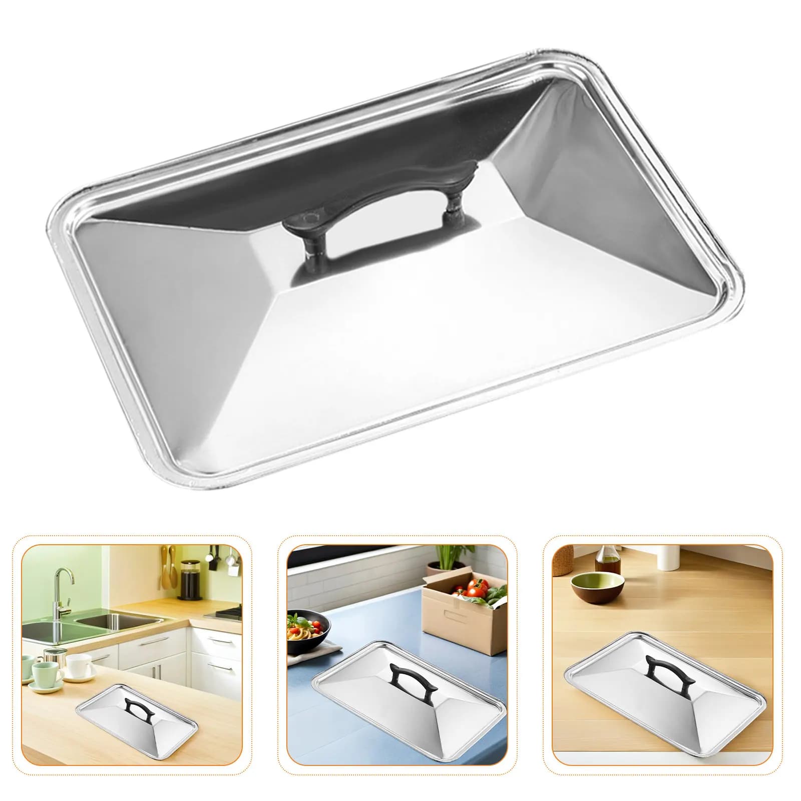 Premium Stainless Steel Rectangular Baking Tray Lid Spill-Proof Pot Cover for Deep Pans Oven Steaming Frying Multipurpose