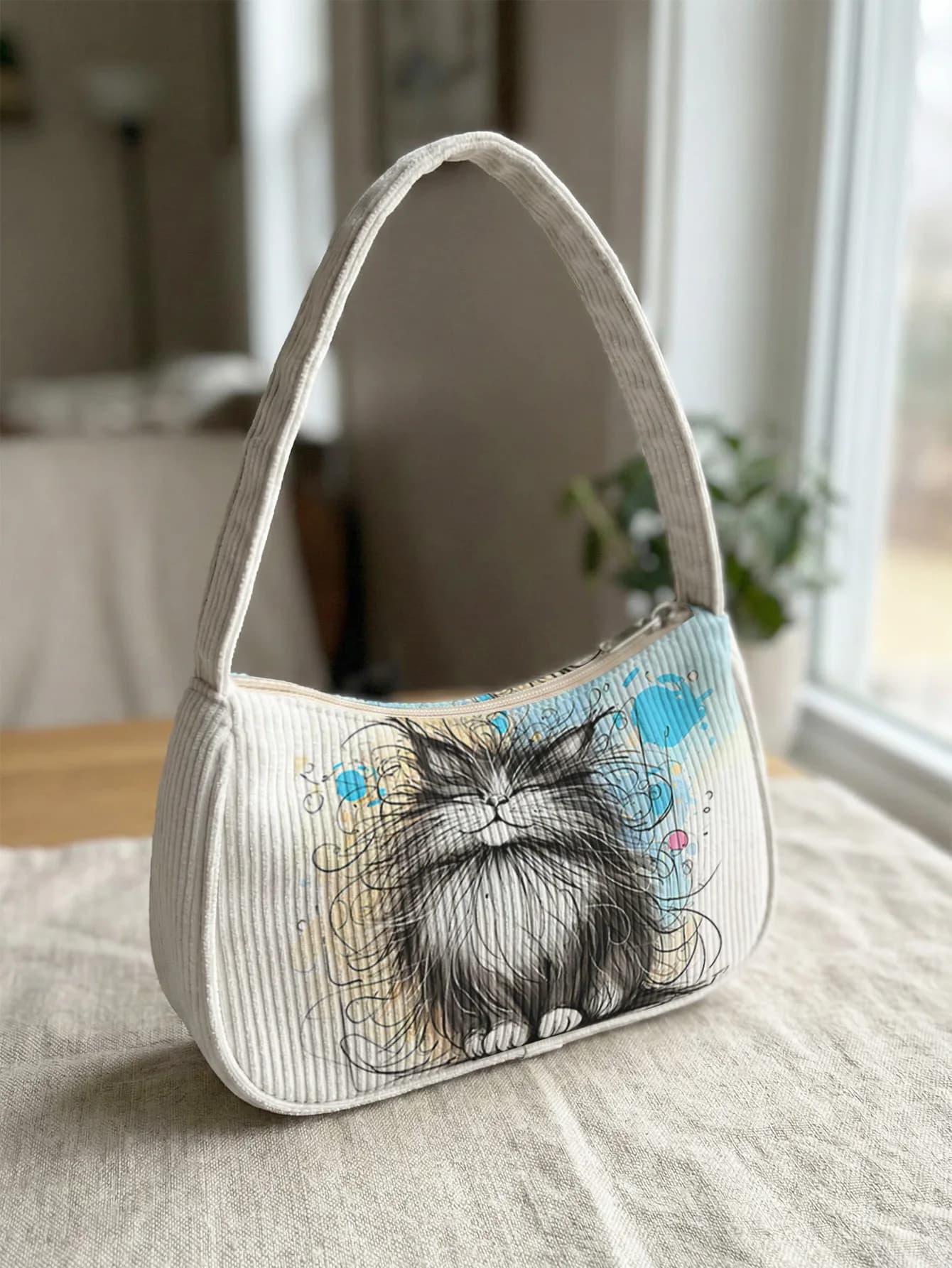 Borsa a Tracolla Trendy con Stampa Gatto Soffice e Fantasiosa, Borsa Sottospalla Artistica in Corduroy