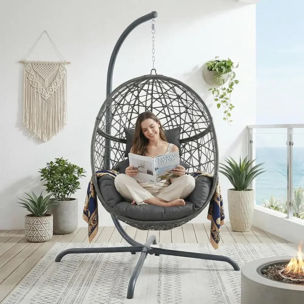 Indoor/Outdoor Wicker Hanging Egg Chair with Grey Cushion, Up to 350lbs