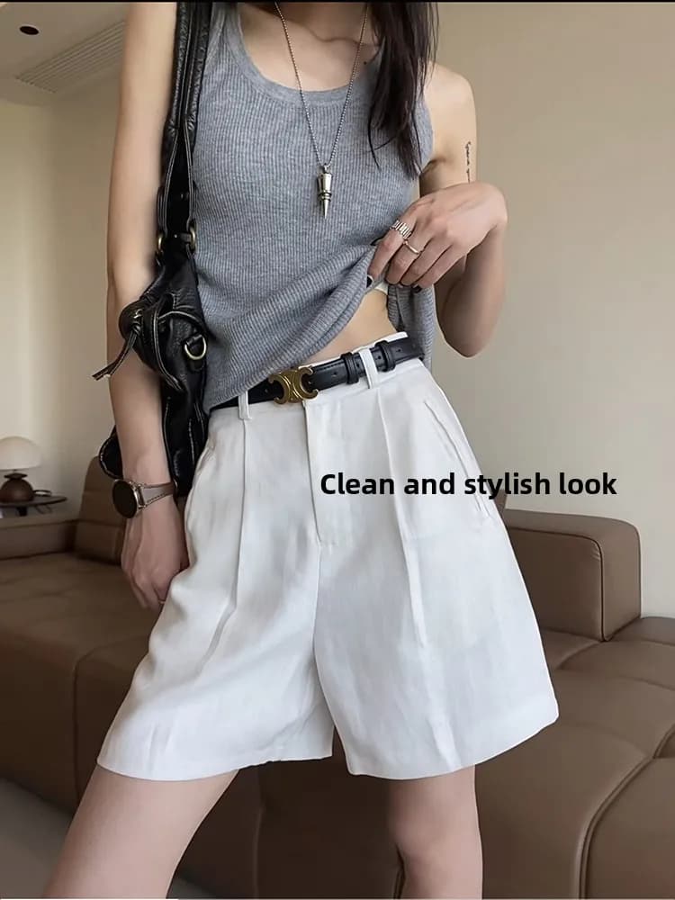 White Linen Women's Shorts Summer New Style Small Size Loose High Waist A-Line Casual Lyocell Linen Wide Leg Five-Quarter Pants