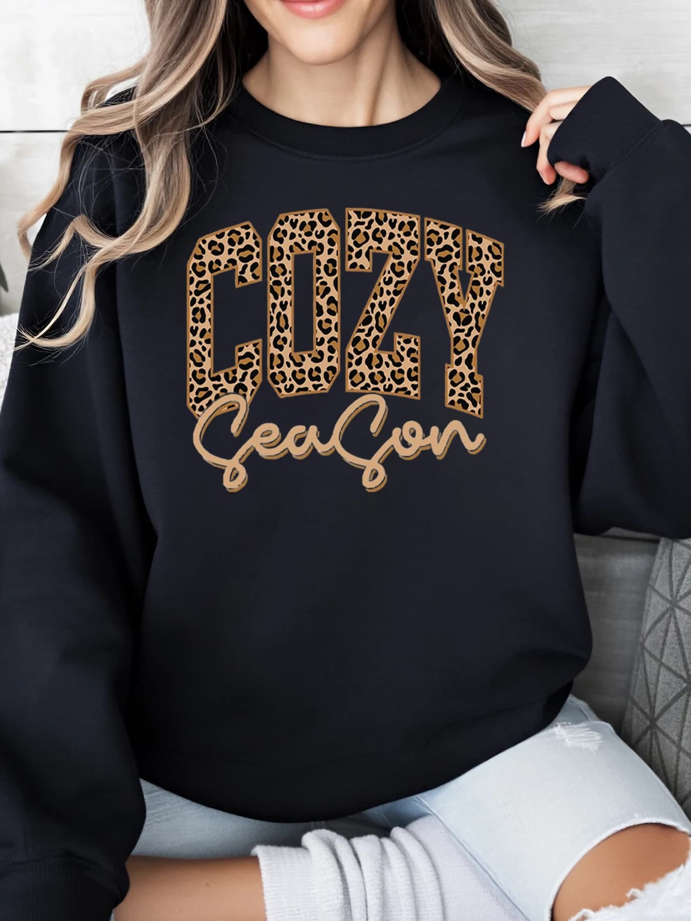 Felpa stagione accogliente con stampa leopardata Autunno Inverno Abbigliamento casual da donna Nero Taglie forti