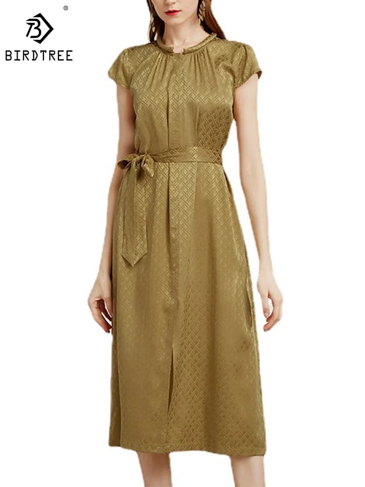 Birdtree 100% vera seta Crepe abiti eleganti cintura manica corta Plaid Slim Fit vestito da partito per le donne estate autunno nuovo muslimate