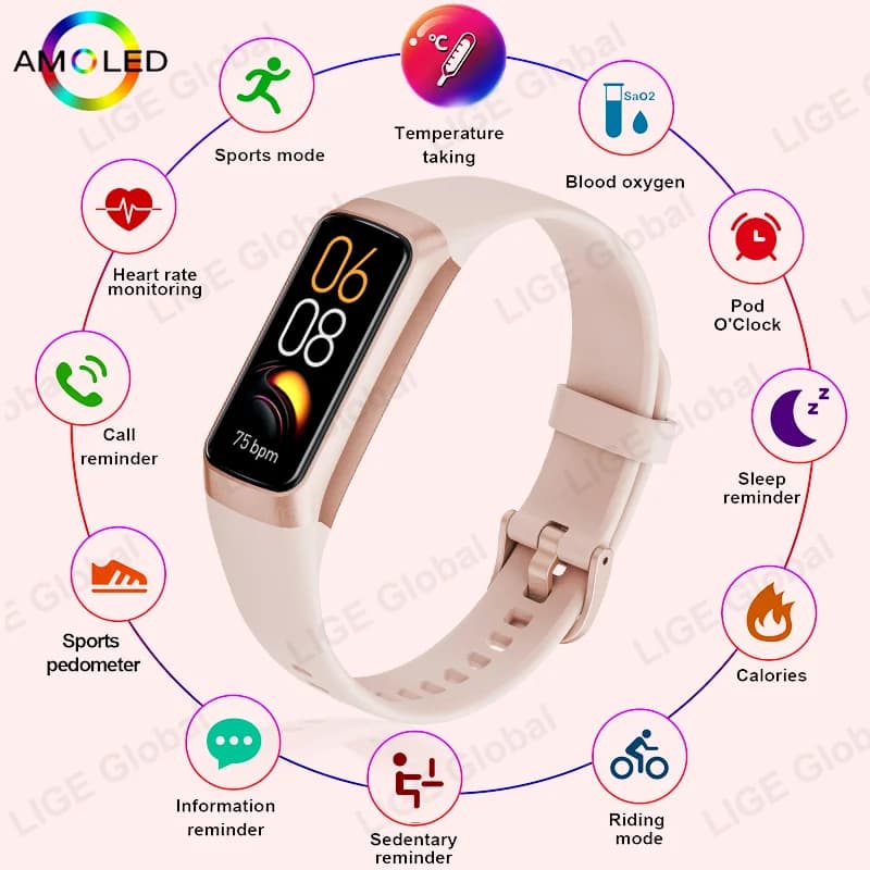 Smartwatch LIGE AMOLED per Uomo e Donna, Cardiofrequenzimetro, Misuratore di Temperatura, Impermeabile, Braccialetto Fitness Sportivo 2026