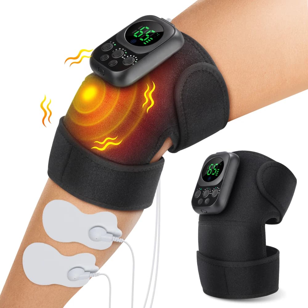 Cuscinetto Massaggiante EMS per Ginocchio con Riscaldamento e Vibrazione, Controllo APP, Massaggiatore Termico per Spalla e Gomito, 3 in 1 con Compressione Calda, Fascia per Ginocchio