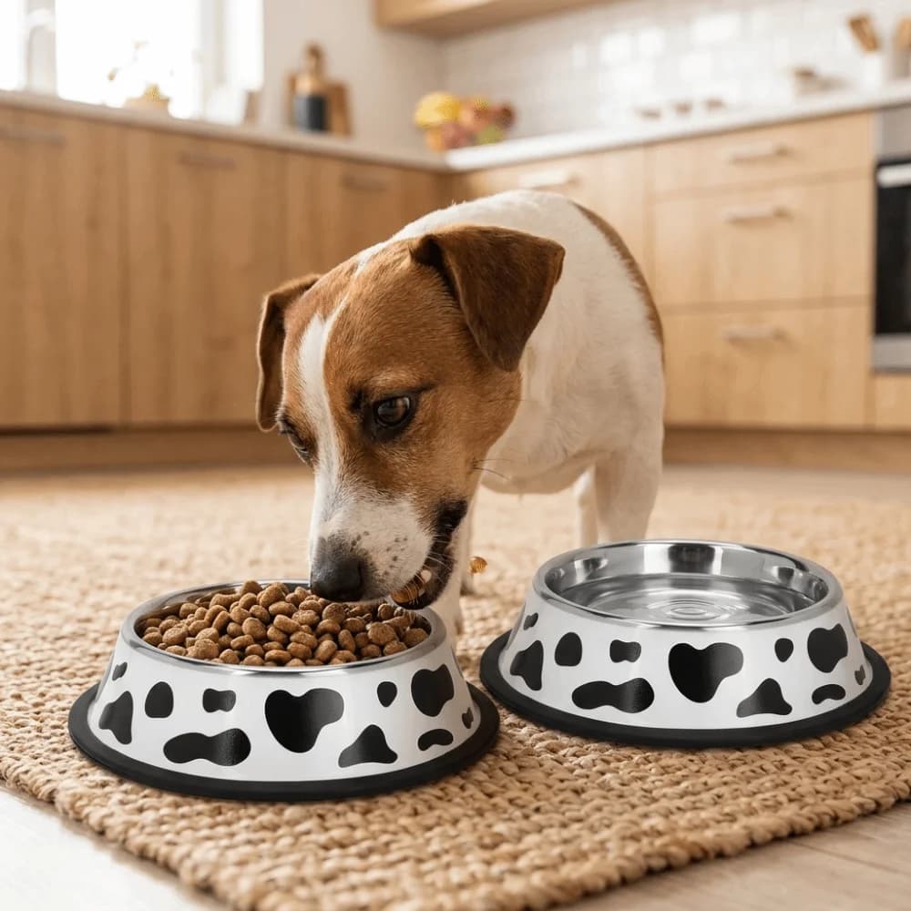 Round Shape Pet Feeding Bowl White Black Tone Drop Tough Metal Pet Bowl Cow Print Non Slip Base Dog Cat Food Bowl