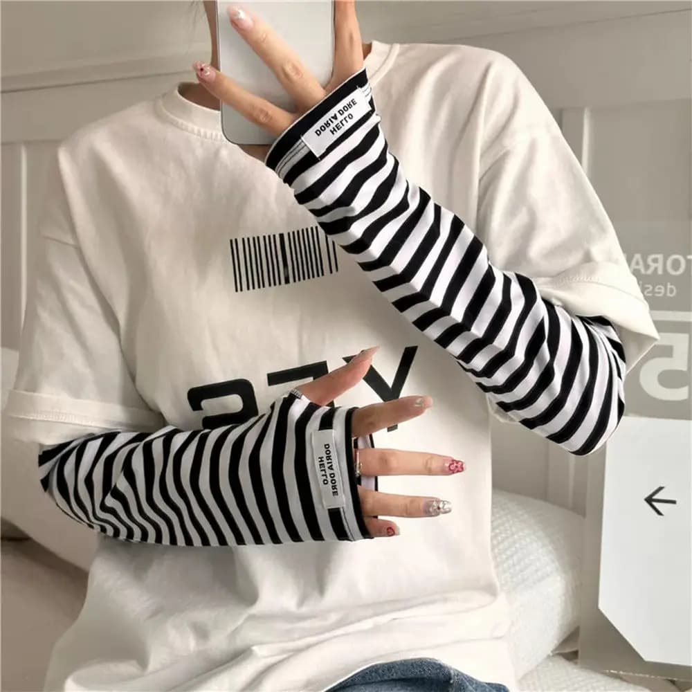 Women's soft cotton striped gloves, sunscreen for arms, ice silk, anti-UV, summer refreshing sleeves for driving