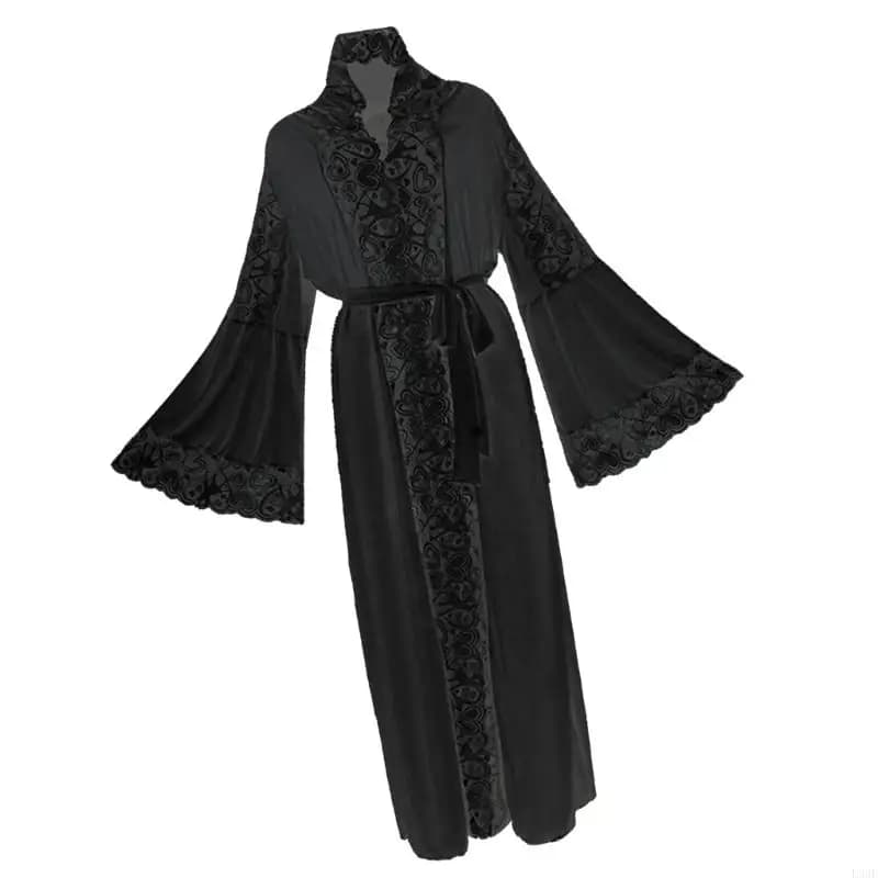 L38E light mesh hooded women's bathrobe featuring elegant breathable lace finishes for night and