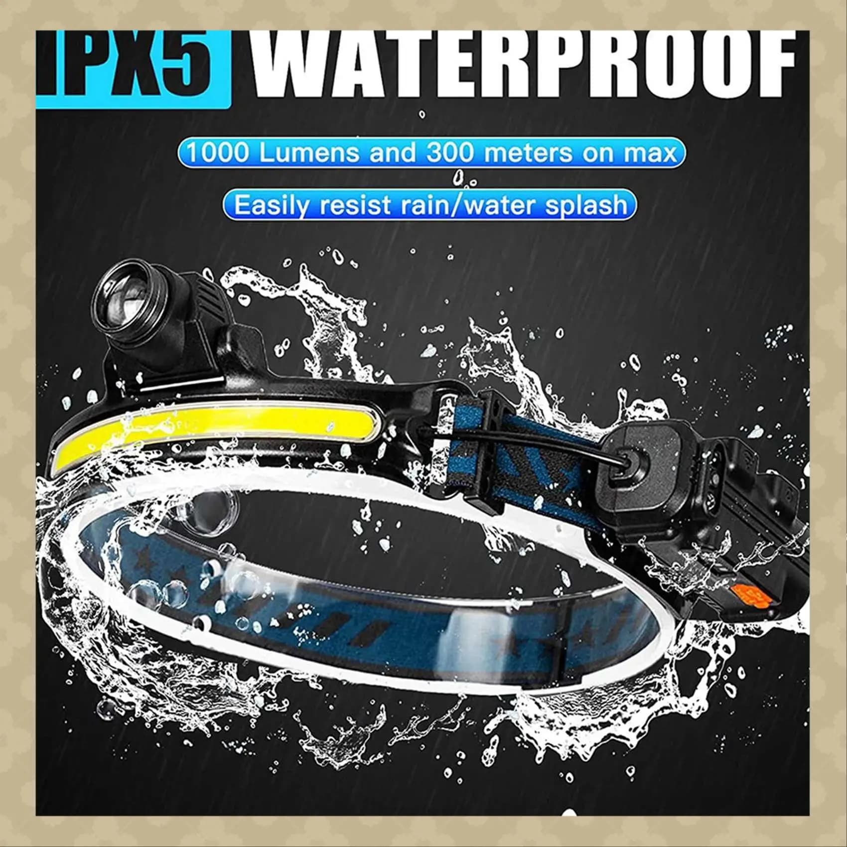 Lampada frontale AB45 2X LED ricaricabile, torcia da 1000 lumen con sensore di movimento, con 4 clip per casco per campeggio, escursionismo