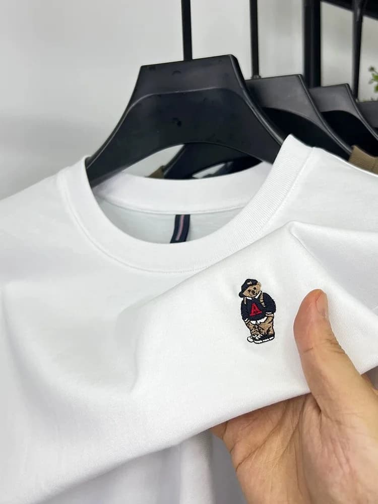 T-shirt da uomo a maniche corte con stampa orsetto, stile coreano, 100% cotone traspirante, girocollo, casual, per l'estate