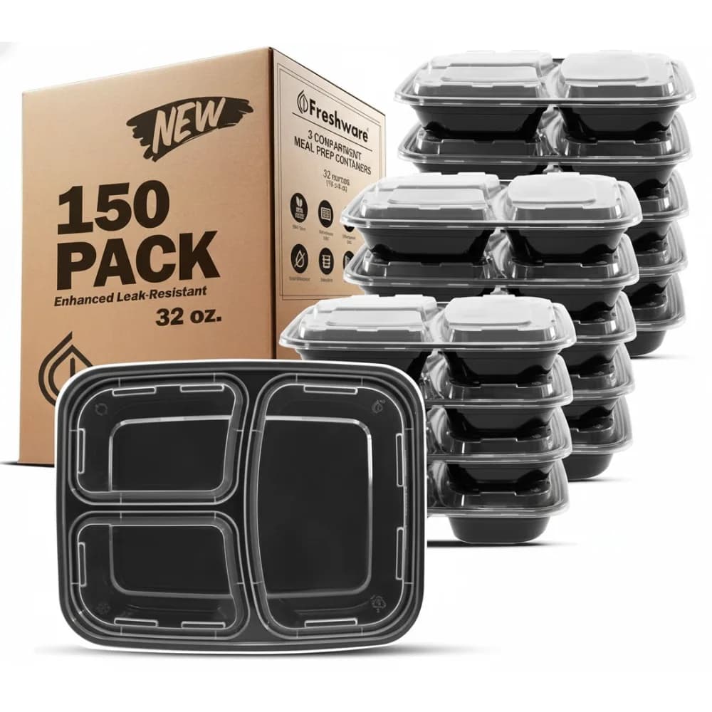 Contenitori per la preparazione dei pasti a 3 scomparti da 150 pezzi con coperchi, bento box impilabile, adatti al microonde e alla lavastoviglie per un'alimentazione sana