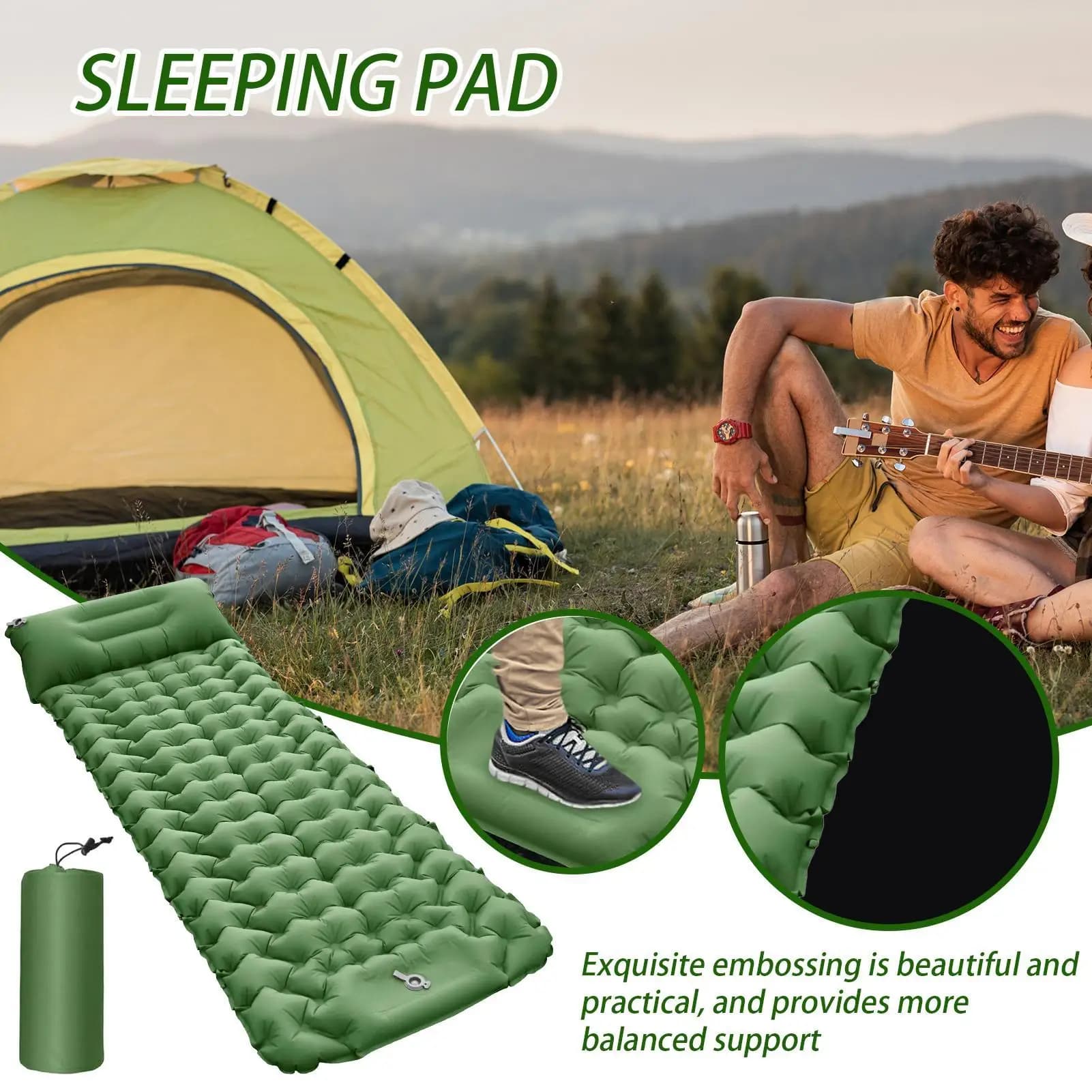 Materassino da campeggio compatto e portatile con cuscino, materasso ad aria per dormire all'aperto, ideale per campeggio, viaggi, backpacking, escursioni, tenda, auto, camion
