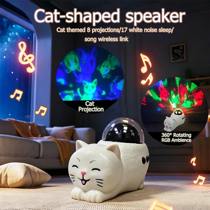 1PC Creative Cat Wireless Speaker with 360° Rotating RGB Ambience, Featuring a White Noise Sleep Aid Function, Cat-Themed Projec