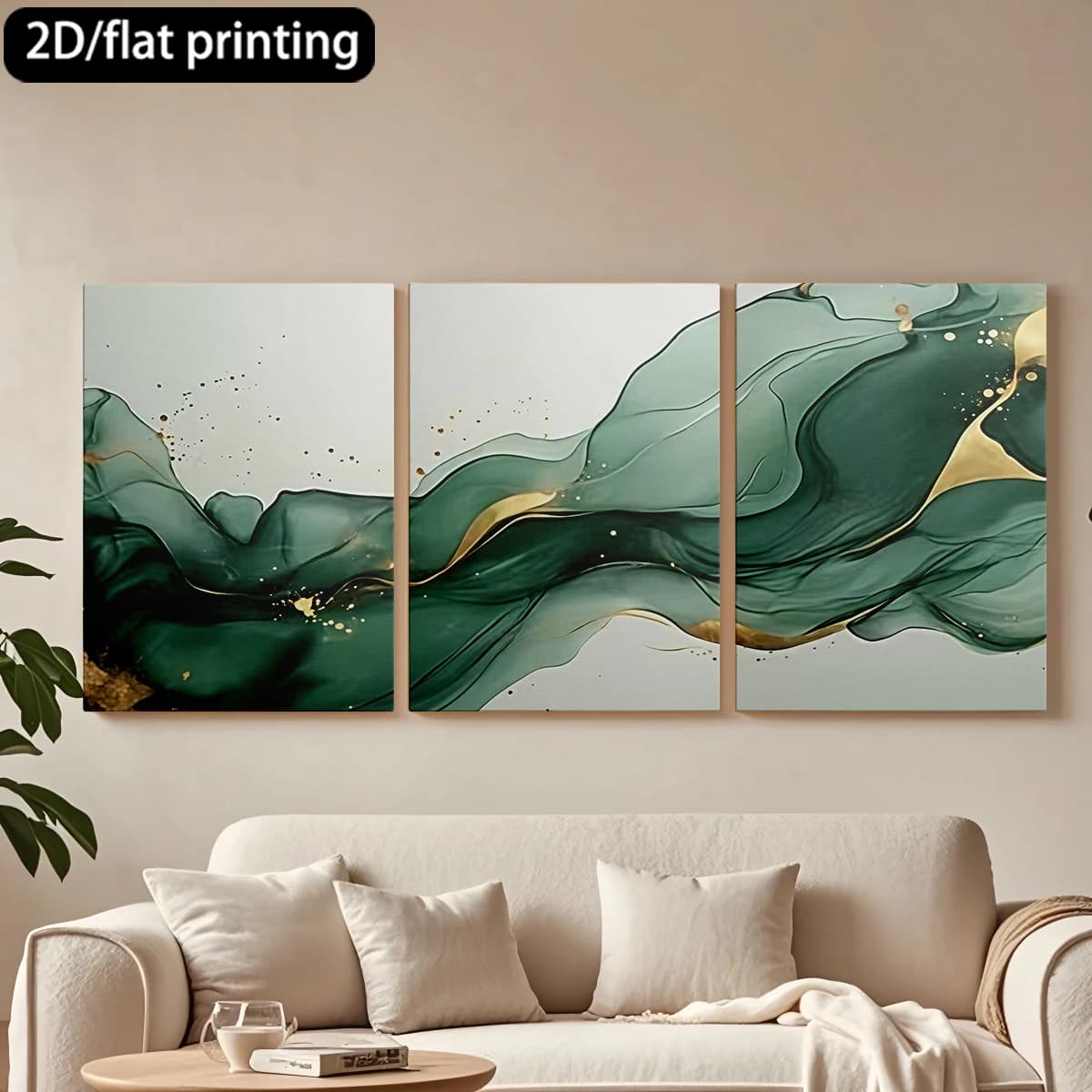 Decorative painting on canvas with wooden frame, 3 pieces, abstract art fluid green gold, elegant. Hall decoration, living room.