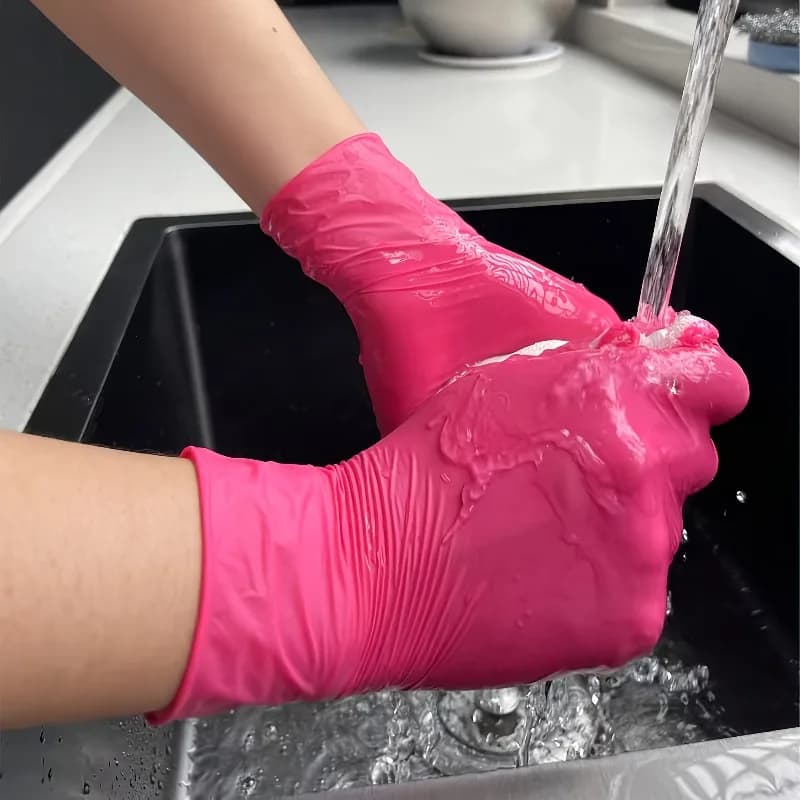 Guanti Monouso in Nitrile Rosa Senza Polvere e Senza Lattice per Cucina, Casa, Bellezza, Cura degli Animali, Tintura dei Capelli, Lavoro