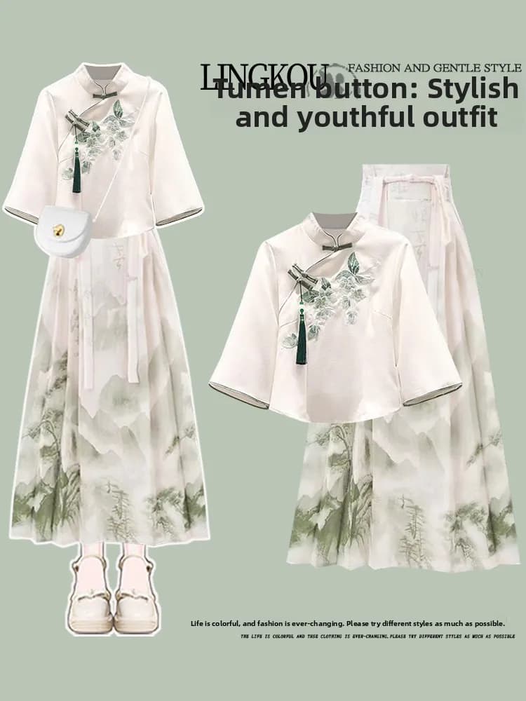 New Summer Chinese Style Two-Piece Set Women's Elegantly Cold High Waist Slimming Hanfu Top with Midi Skirt Casual Fashion