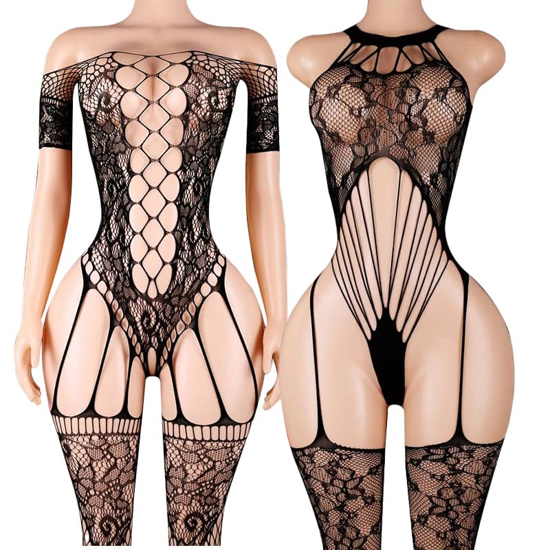 Sexy And Shy Black Silk Lace Up Hanging Neck Hollow One-piece Suspender Socks With Large Backless See Through Fishing Net Socks