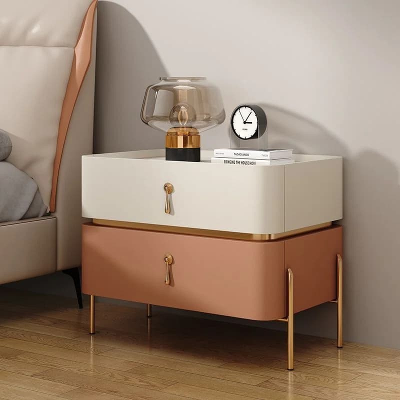 Comodino Moderno con Piano in Pietra e Gambe in Metallo, Tavolino da Notte con Cassetto, Mobile Minimalista per Camera da Letto