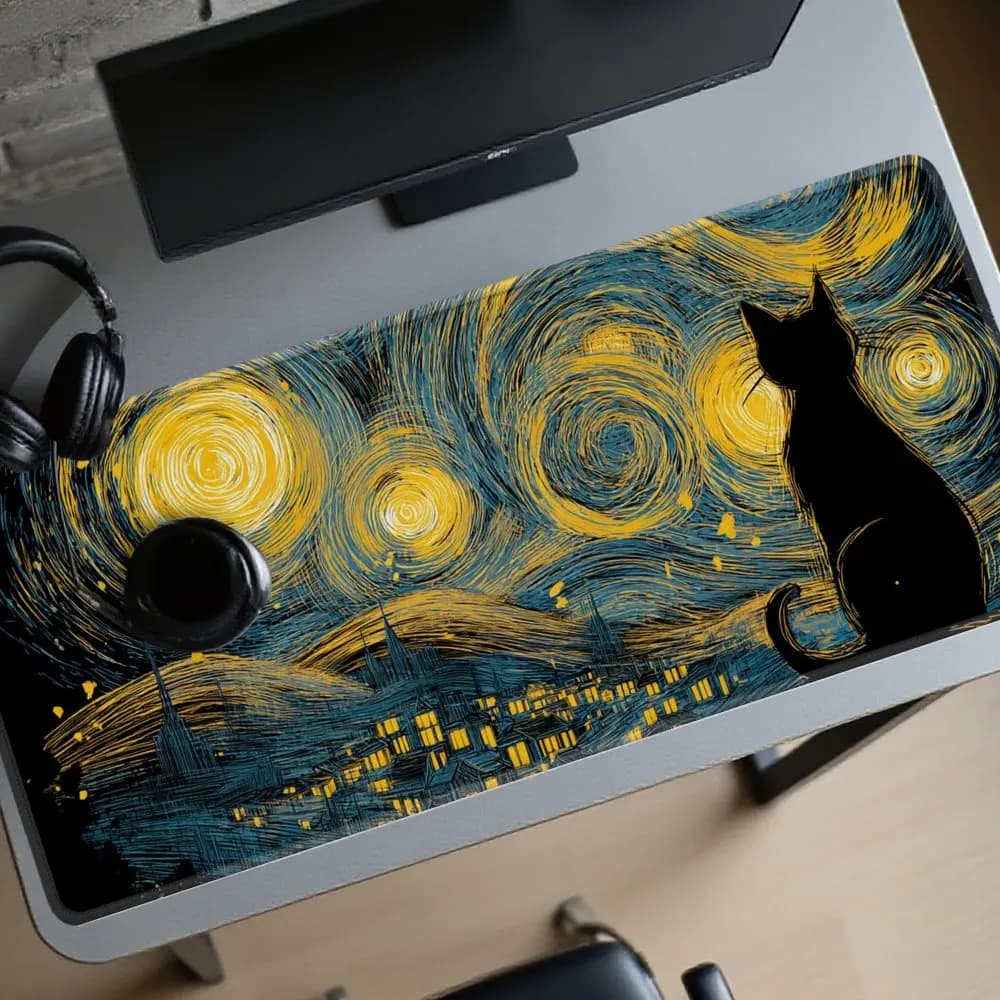 Tappetino per mouse da gaming grande con gatto nero che guarda il cielo stellato di Van Gogh, tappetino estetico per computer