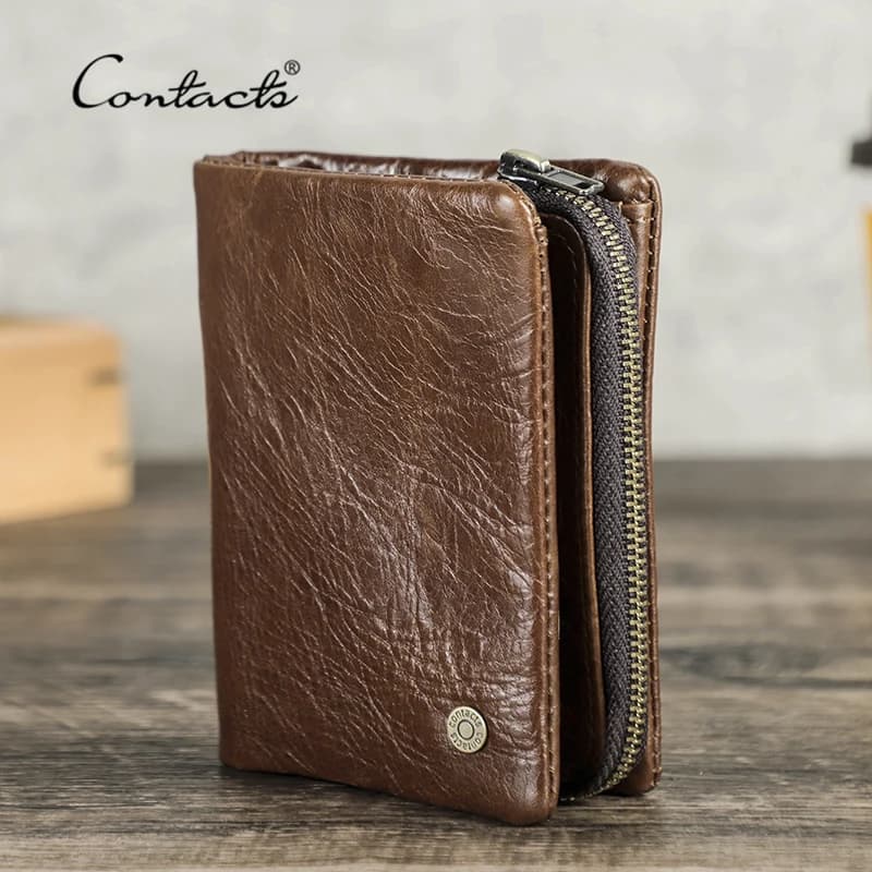 Contatc nuovo portafoglio corto da uomo in vera pelle RFID portafoglio Bifold con porta carte di credito di lusso con cerniera maschio portamonete piccolo