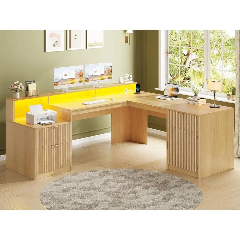 Scrivania a L da 66 pollici con cassetti, mobiletto superiore, schedario, ripiano per stampante, scrivania direzionale in legno con supporto per monitor, prese di corrente, L