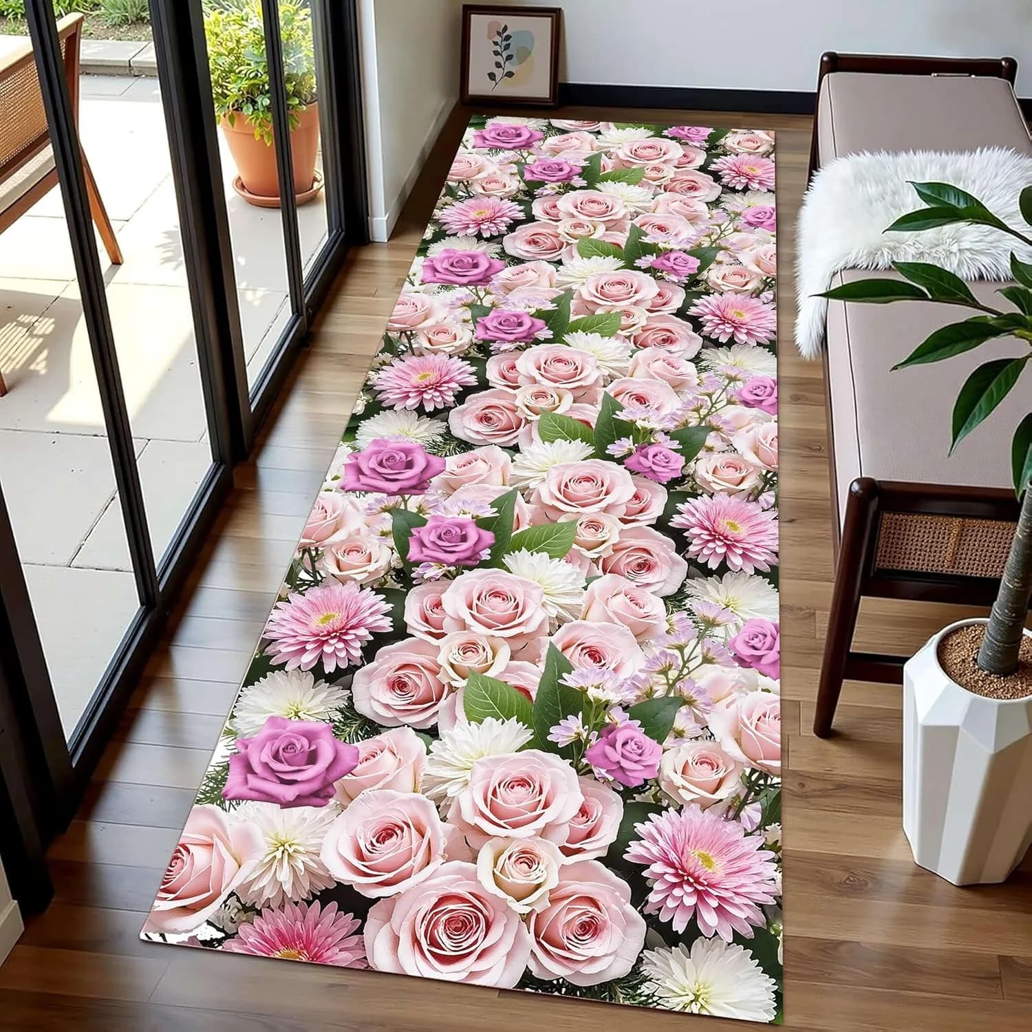 3D Red Rose Runner Rug, Romantic Valentine's Day Floral Carpet, Non-Slip Hallway Mat for Entryway, Kitchen & Indoor Spaces