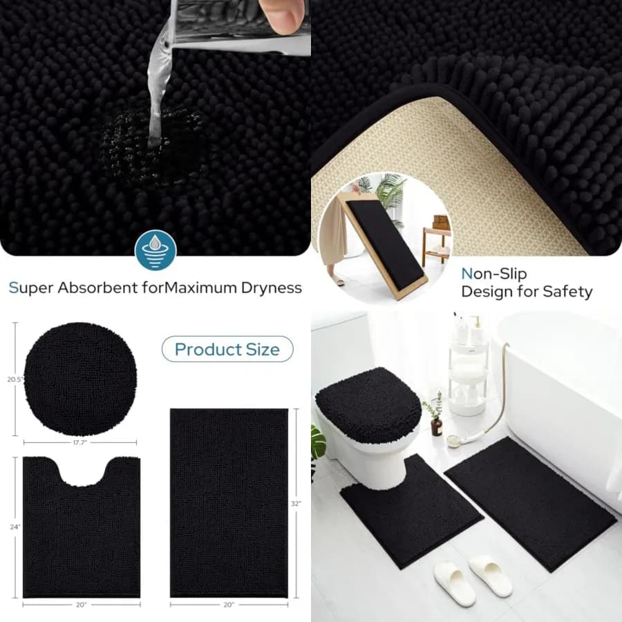 Set di tappetini da bagno neri da 3 pezzi con copriwater Tappetini da bagno morbidi e lavabili in ciniglia di peluche extra assorbenti antiscivolo per la casa