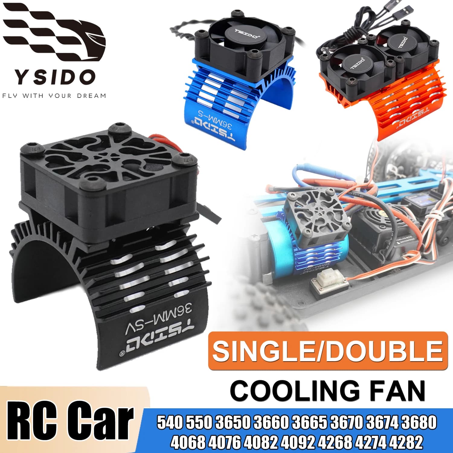YSIDO Dissipatore di Calore per Motore RC 30/36/40-42mm con Ventola di Raffreddamento Singola/Doppia per Motori 540 550 3650 3660 4068 4082 per Auto RC 1/7 1/8 1/10 1/12