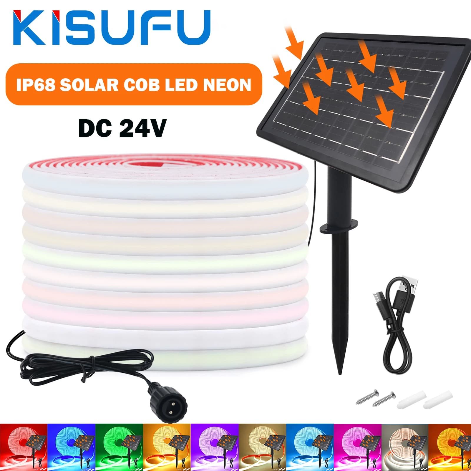 DC24V Solar COB Neon Strip IP68 Waterproof Red/Yellow/Blue/White 320Leds/M Flexible Ribbon Rope Light Dimmable Linear Lighting