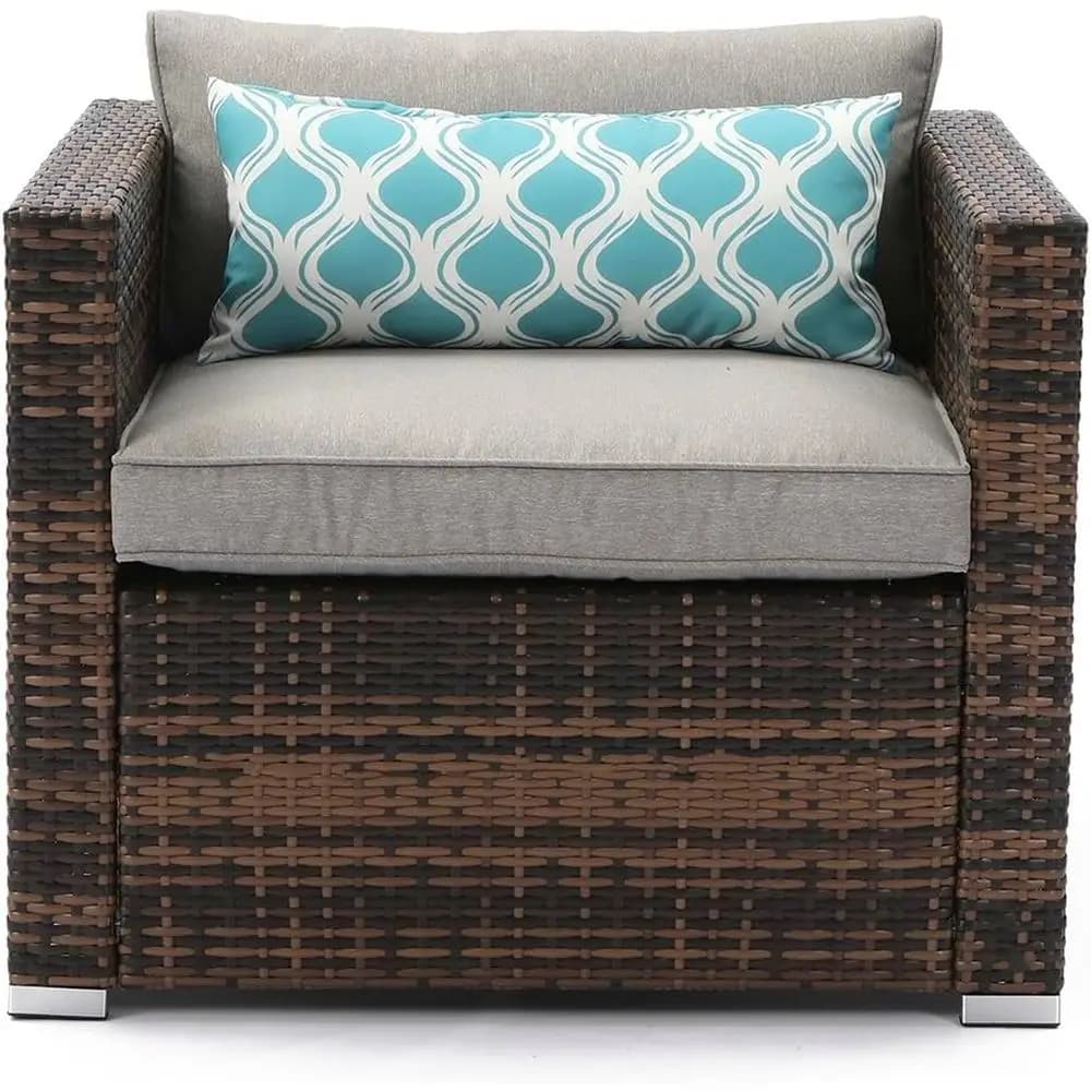 Durable Weather-Resistant Single Brown Wicker Chair with Plush Gray Cushions and Teal Pillows, Ideal for Outdoor, Garden, Poolsi