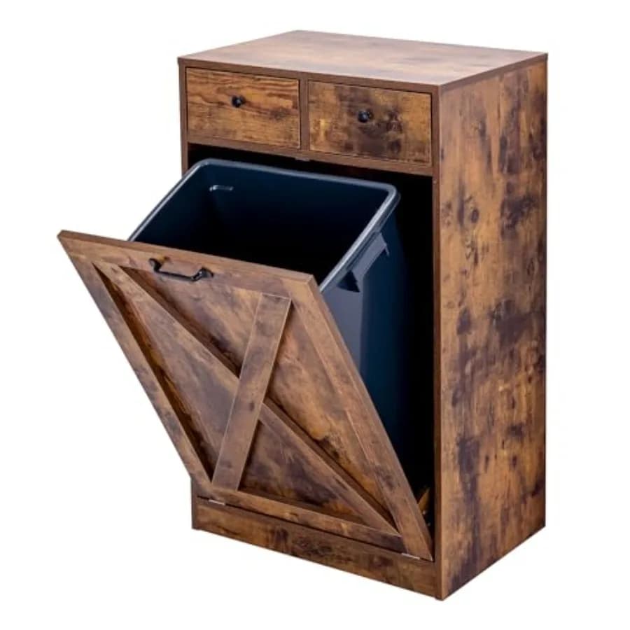 13 Gallons Tilt Out Trash Can Cabinet, Wooden Trash Cabinet with 2 Drawers, Free Standing Kichen Waste Bin Recycling Cabinet Pe