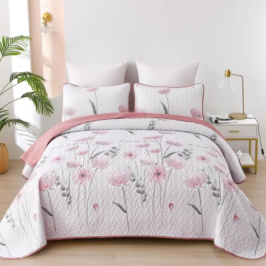 Set Floral Queen Cover Set, Pink Queen Size 3 Pieces, Set Bed Linen Light Rustic Style, Soft Leather Trapunt with Floral Patterns
