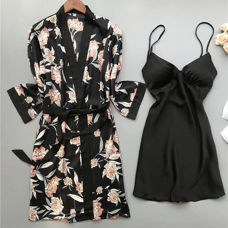 Set Vestaglia Twinset Estivo da Donna, Lingerie Stampata, Kimono, Accappatoio, Abito da Notte in Raso, Abbigliamento per Casa