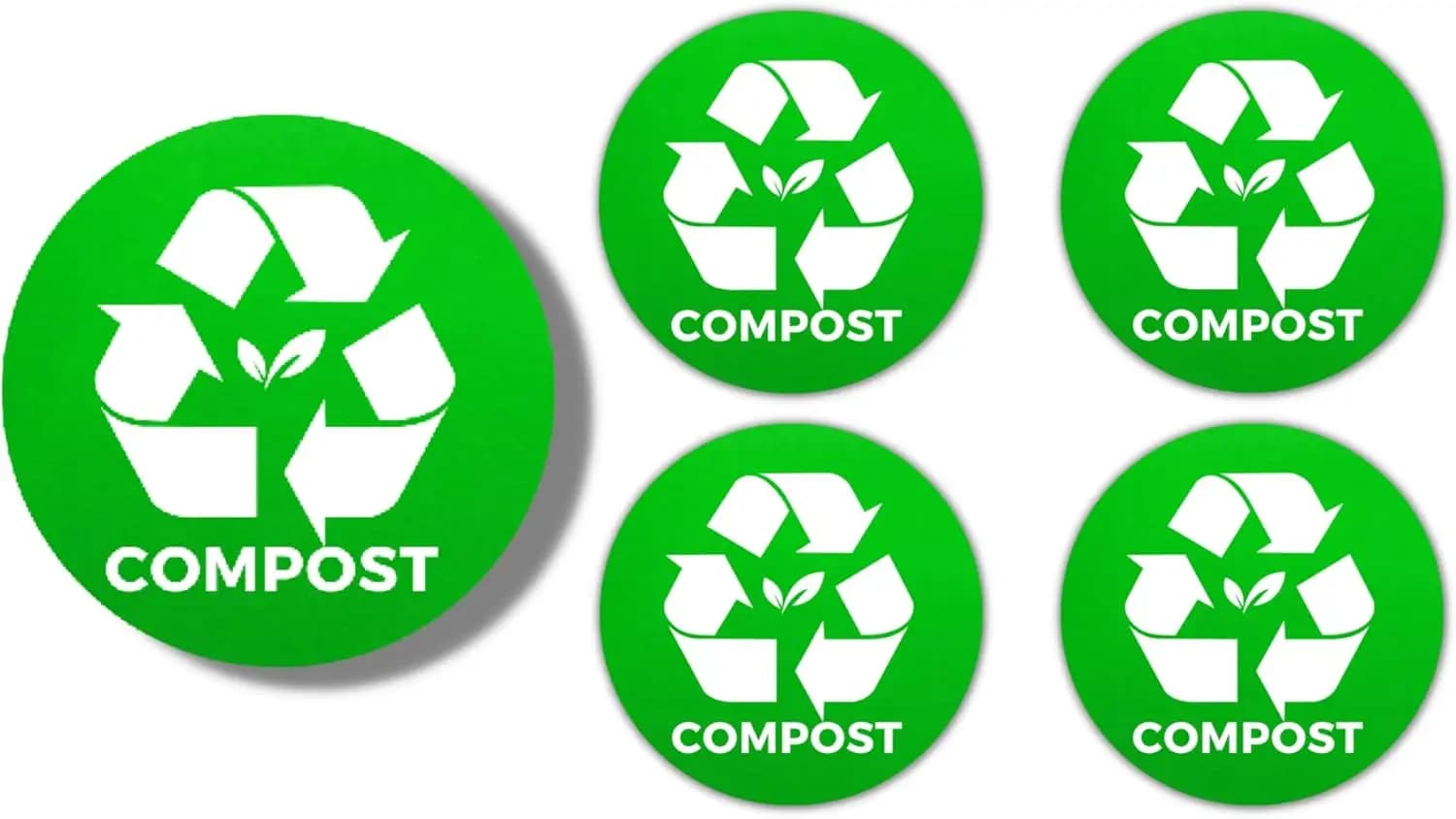 Compost Bin Vinyl Stickers for Kitchen and Outdoor Bins 5in 5 Pack Premium Self Adhesive Vinyl Labels Weatherproof UV Resistant Compost Stickers