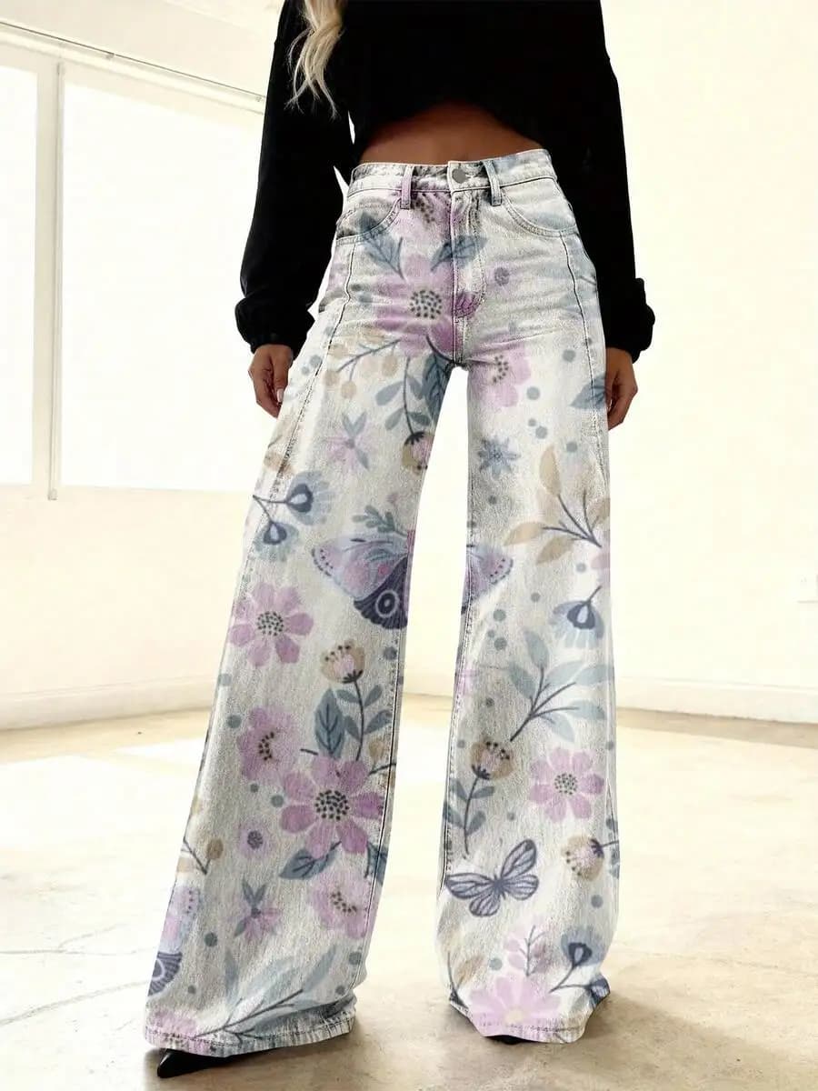 Jeans a Gamba Larga con Stampa Floreale per Donna, Vita Alta, Stampa 3D Rosa Blu Bianco