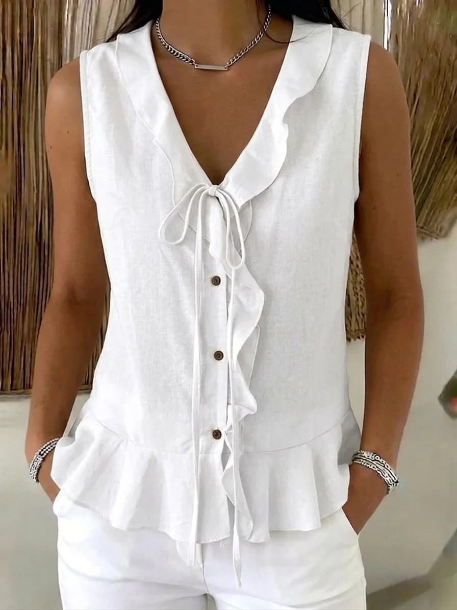 Solid Casual Loose Blouses For Women Fashion 2026 New Summer Women's Shirts Sleeveless Lace Up Ruffles Blouse Female V-Neck Tops