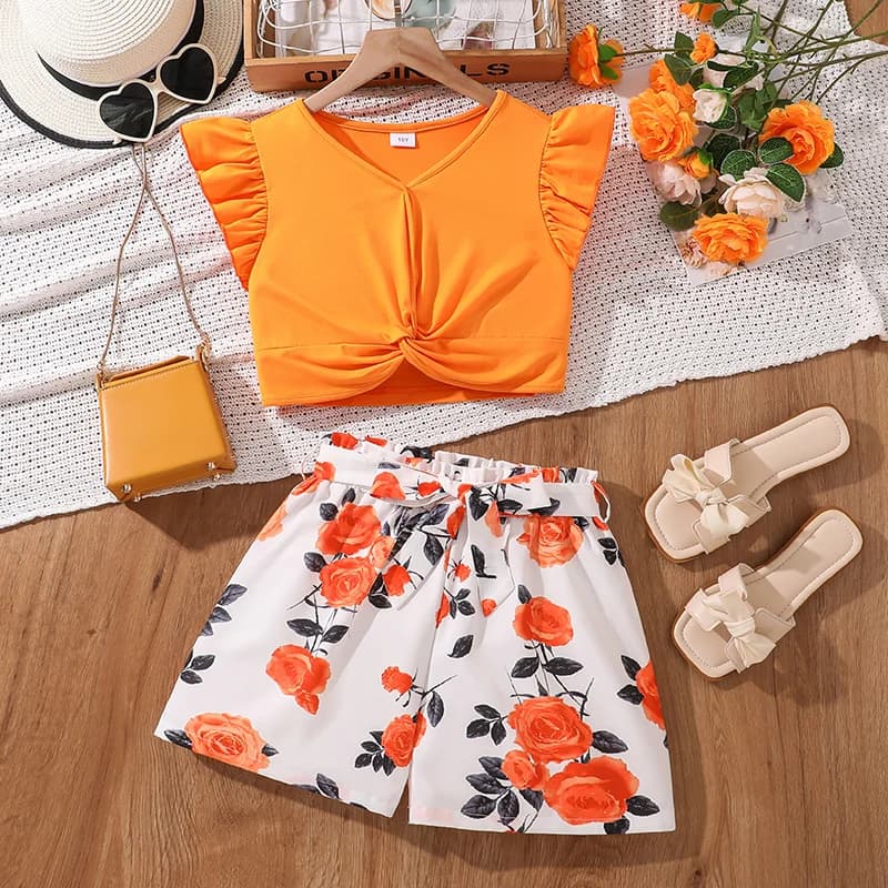 Set di abbigliamento per bambini Completi per ragazze Tween Top corto con gambo con nodo arancione e pantaloncini parinti con fiori Set per le vacanze estive da 2 pezzi