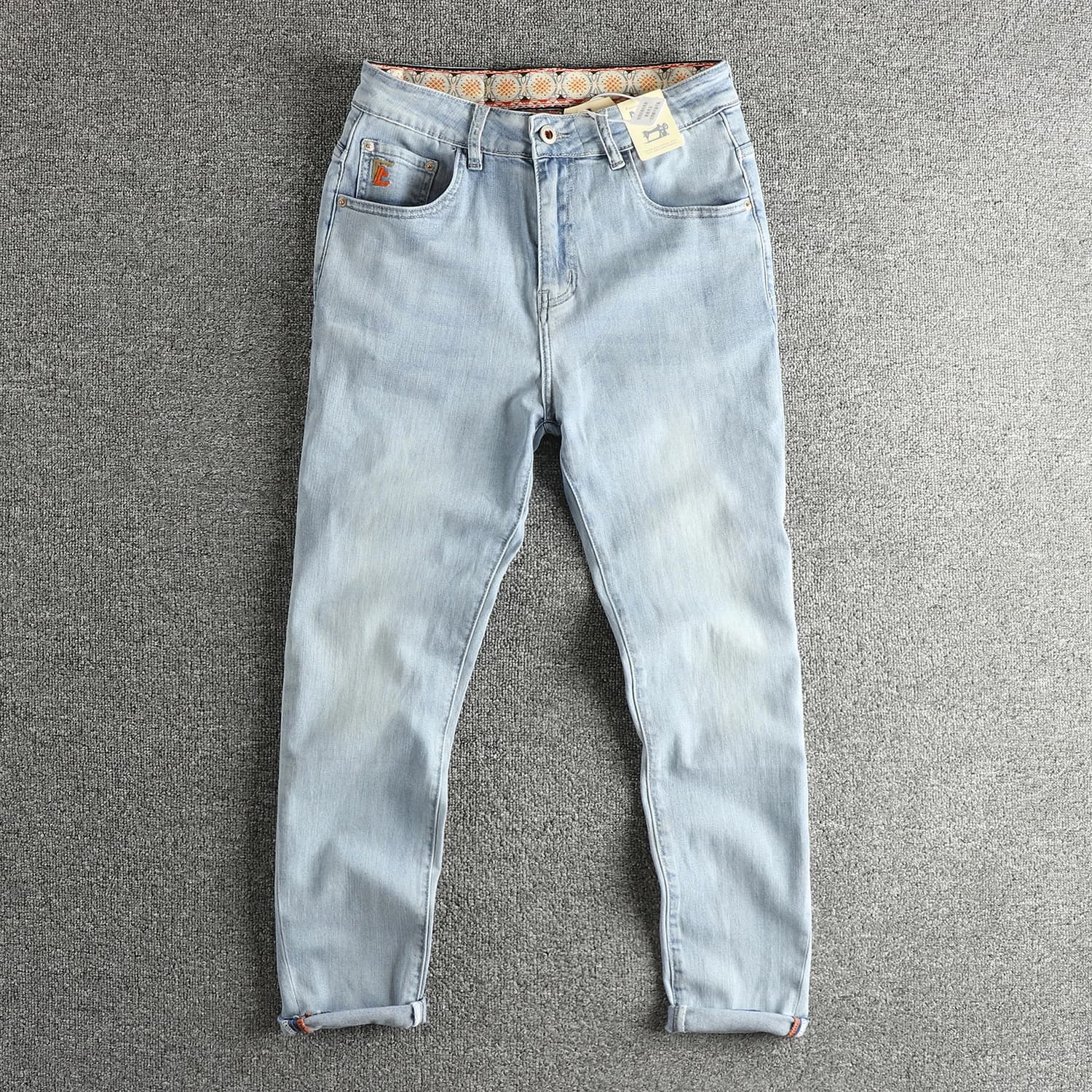 Retro Washed Light Blue Men's Jeans Slim Fit American Style Casual Youth Nine Point Pants Cotton Stretch Denim mid Waist