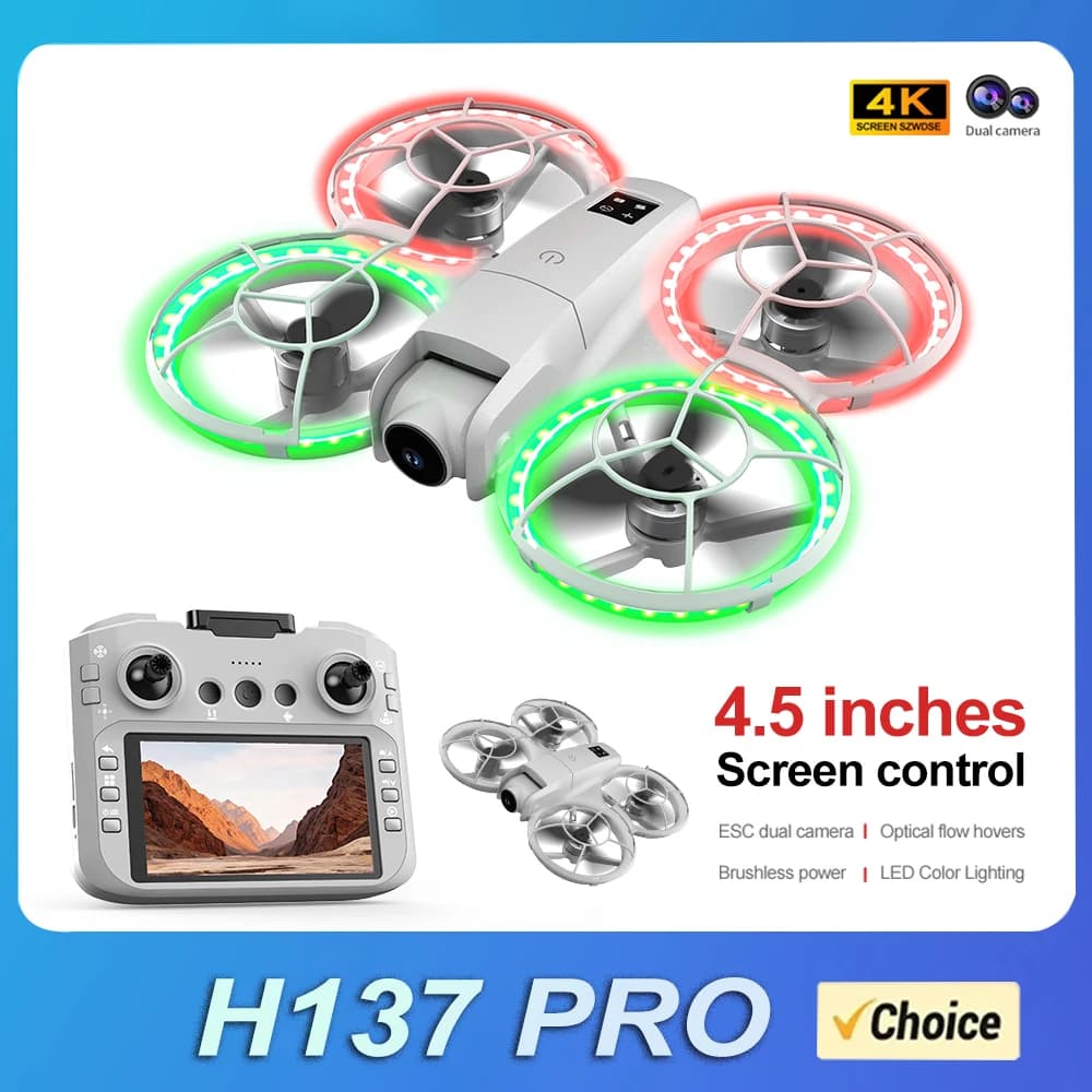 Nuovo Drone H137 PRO 4K Professionale con Doppia Fotocamera HD, Schermo Aereo, Telecomando, Motore Brushless 5G, Quadricottero Giocattolo UAV