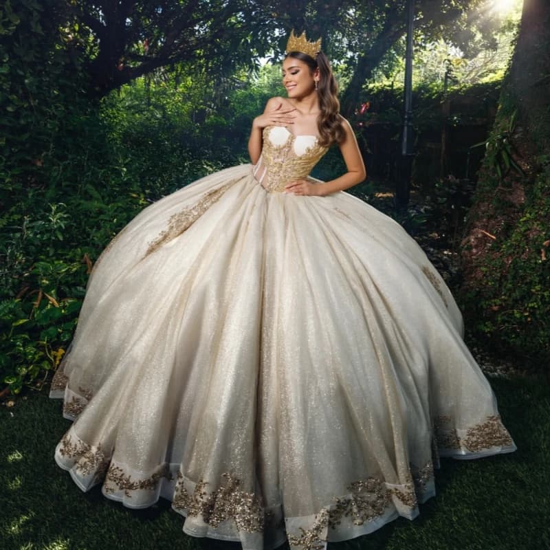 Abiti Quinceanera champagne chiaro Abito da ballo con spalle scoperte Applique Perline di pizzo Corsetto in tulle Festa di compleanno Abito dolce 16