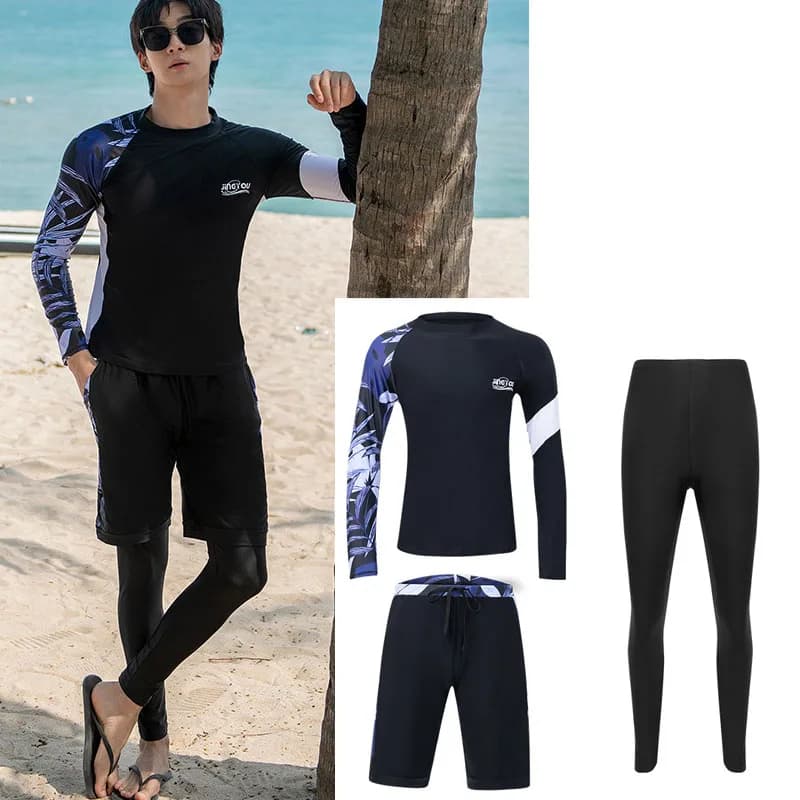 Set Completo 3 Pezzi da Uomo: Maglia a Maniche Lunghe Anti-UV + Leggings + Pantaloncini, Asciugatura Rapida, per Surf, Pesca, Snorkeling