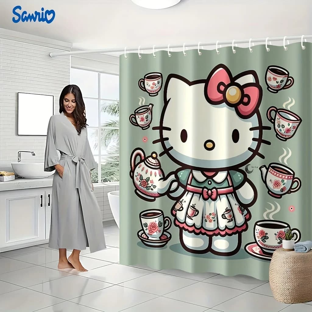 Sanrio 1pc Tenda da doccia stampata con motivo Hello Kitty, materiale resistente, adatta per bagno di casa/bagno di hotel/partimento dormitorio