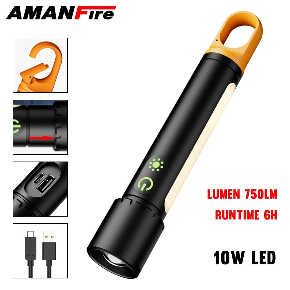 Amanfire X725 edc Torcia 10W Luce LED Gamma 800M Zoom telescopico 1000LM 21700 Batteria con gancio