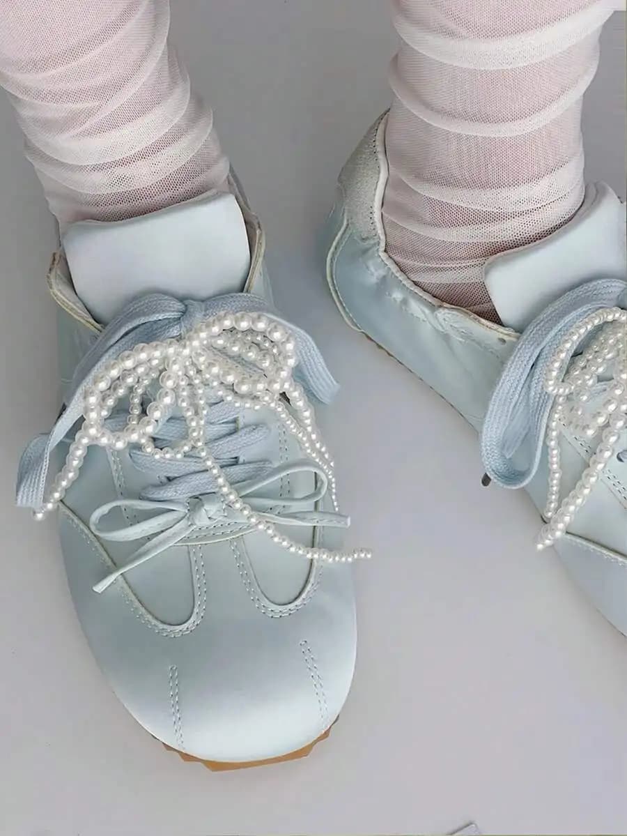Pearl-String Butterfly Bow Shoe Lace Decor For Women’s Light Blue Casual Sneakers, Stylish Footwear Charm Accessory