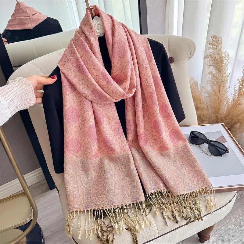 Blush Pink Vintage Paisley Jacquard Scarf Women Tassel Trim Shawl Wrap Palace Style Scarves For Autumn Winter Formal Event Gift