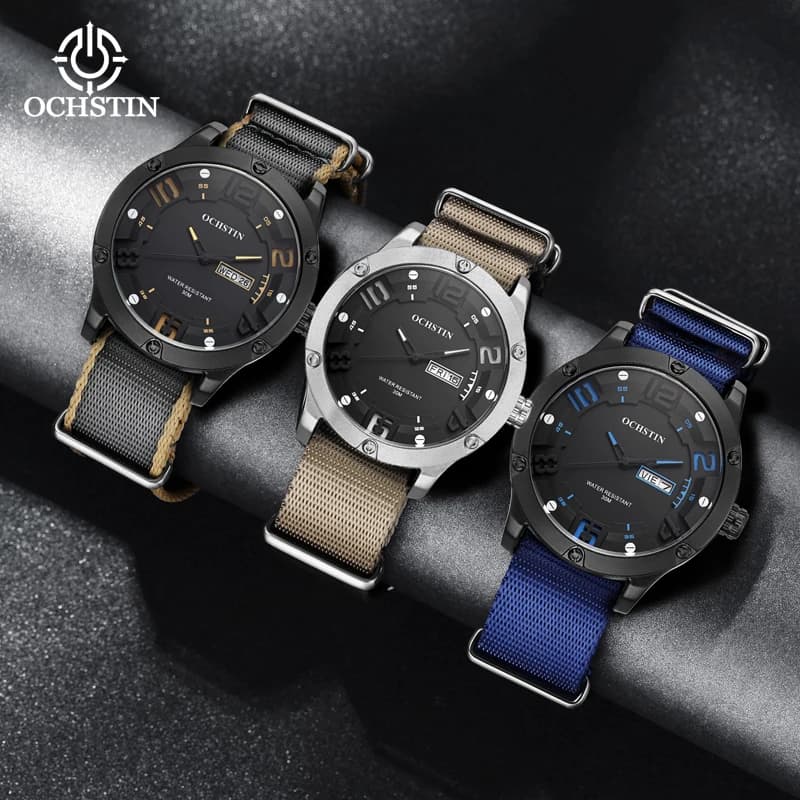 OCHSTIN Orologio da uomo al quarzo con data e settimana Orologi cinturino in nylon in pelle impermeabile Orologi da polso da uomo Sport militari Orologi maschili casual